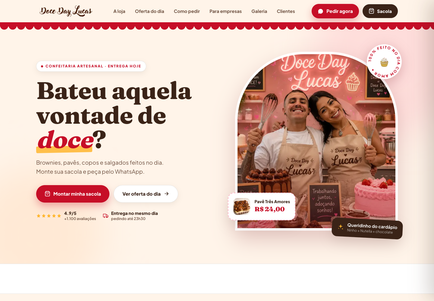 Página inicial da Doce Day Lucas com headline, foto da confeitaria e botões para montar a sacola