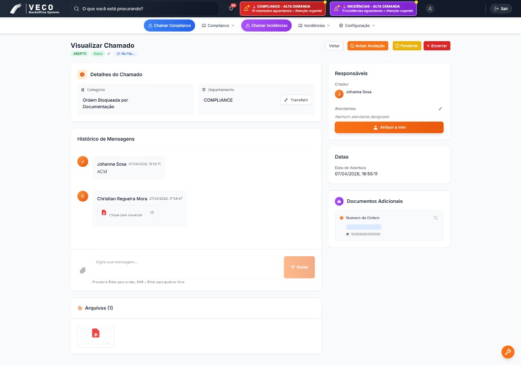 VECO — detalhe do chamado com chat e anexos